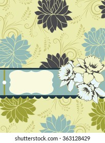 Vintage invitation card with ornate elegant retro abstract floral design, gray light blue yellow green flowers and leaves on yellow green background with ribbon text label. Vector illustration.
