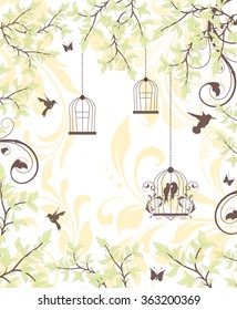 Vintage invitation card with ornate elegant retro abstract floral design, green and yellow flowers and leaves on white background with birds butterflies and text label. Vector illustration.
