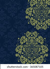 Vintage invitation card with ornate elegant retro abstract floral design, yellow green flowers and leaves on midnight blue background with text label. Vector illustration.
