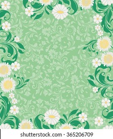 Vintage invitation card with ornate elegant retro abstract floral design, white and yellow flowers and green leaves on light green background with text label. Vector illustration.