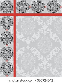 Vintage invitation card with ornate elegant retro abstract floral design, black flowers and leaves on gray background with red ribbon. Vector illustration.