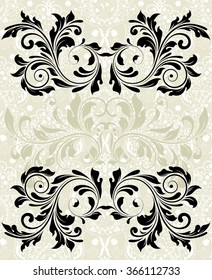 Vintage invitation card with ornate elegant abstract floral design, black on gray. Vector illustration.