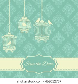 Vintage invitation card with ornate elegant abstract floral design, in blue / white colors with birds, cages and text label. For Wedding invitation, guest card. Romantic background.
