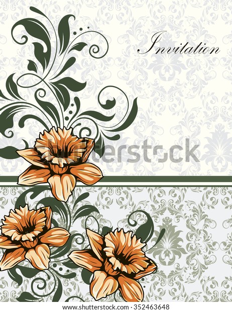 Vintage invitation card with ornate\
elegant retro abstract floral design, yellow orange flowers and\
dark green leaves on light gray background with striped ribbon\
divider. Vector\
illustration.\
