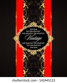 Vintage invitation card with red ribbon and gold elements