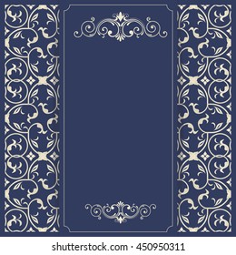 Vintage invitation card with Turkish pattern in dark blue and gold colors. Template greeting card, invitation and advertising banner, brochure with space for text.