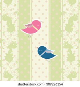 Vintage Invitation card with Two pigeons for  wedding ceremony. Vector in green color