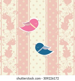 Vintage Invitation card with Two pigeons for  wedding ceremony. Vector in pink