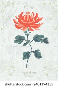 vintage invitation card with watercolor chrysanthemum flower against grey shabby chic background. east art ink painting