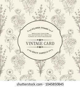 Vintage invitation card with white flowers. Card template with text and flower frame. Vector illustration.