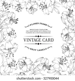 Vintage invitation card with white flowers. Card template with text and flower frame. Vector illustration.