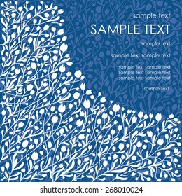Vintage invitation card with white vector floral ornament. Blue floral background 