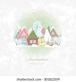 vintage invitation card with winter rural scenery