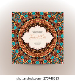 Vintage invitation cards with lace ornament. Eastern floral decor. Template frame. Perfect cards for any other kind of design, birthday and other holiday, kaleidoscope,  medallion, yoga, india, arabic