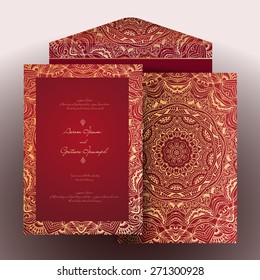 Vintage invitation cards with lace ornament. Eastern floral decor. Template frame. Perfect cards for any other kind of design, birthday and other holiday, kaleidoscope,  medallion, yoga, india, arabic