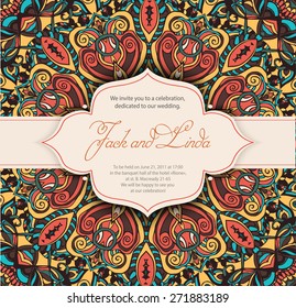Vintage invitation cards with lace ornament. Eastern floral decor. Template frame. Perfect cards for any other kind of design, birthday and other holiday, kaleidoscope,  medallion, yoga, india, arabic