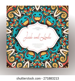 Vintage invitation cards with lace ornament. Eastern floral decor. Template frame. Perfect cards for any other kind of design, birthday and other holiday, kaleidoscope,  medallion, yoga, india, arabic