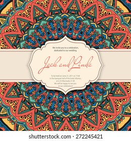 Vintage invitation cards with lace ornament. Eastern floral decor. Template frame. Perfect cards for any other kind of design, birthday and other holiday, kaleidoscope,  medallion, yoga, india, arabic