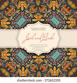 Vintage invitation cards with lace ornament. Eastern floral decor. Template frame. Perfect cards for any other kind of design, birthday and other holiday, kaleidoscope,  medallion, yoga, india, arabic