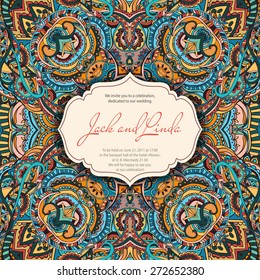 Vintage invitation cards with lace ornament. Eastern floral decor. Template frame. Perfect cards for any other kind of design, birthday and other holiday, kaleidoscope,  medallion, yoga, india, arabic