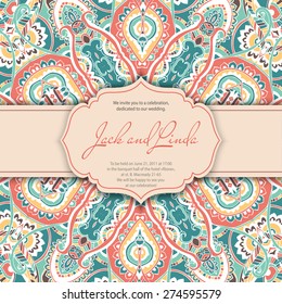 Vintage invitation cards with lace ornament. Eastern floral decor. Template frame. Perfect cards for any other kind of design, birthday and other holiday, kaleidoscope,  medallion, yoga, india, arabic