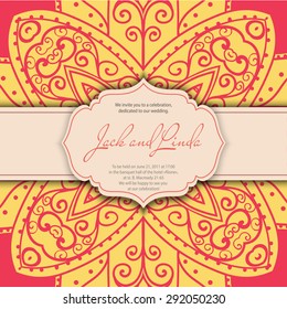 Vintage invitation cards with lace ornament. Eastern floral decor. Template frame. Perfect cards for any other kind of design, birthday and other holiday, kaleidoscope,  medallion, yoga, india, arabic