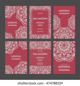 Vintage invitation cards set with lace ornament. Template frame design for card. mandala retro style