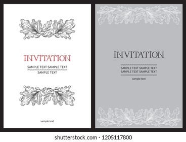 Vintage Invitation cards. Vector backgrounds with lettering hand drawn  text and  oak leaves at retro style