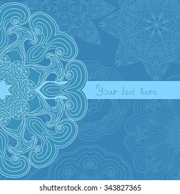 Vintage invitation decoration on blue background with snowflakes. Template jewelry detailed lace design in winter theme. Doily. Can be used for card, envelope, packaging,invitations, scrapbooking.