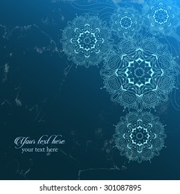 Vintage invitation decoration on grunge background with lace ornament. Template jewelry detailed lace design in winter theme. Decoration elements for design invitation, wedding cards, greeting cards.