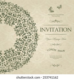 Vintage invitation with  floral pattern and  butterflies