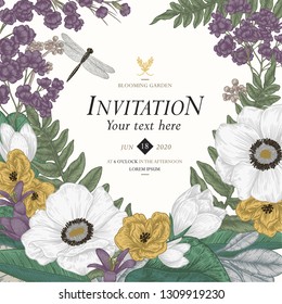 Vintage invitation with garden flowers, a dragonfly. Greeting card template. Vector botanical illustration.