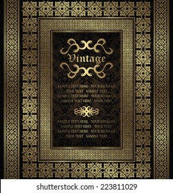 Vintage invitation with a gold frame and borders on seamless background      