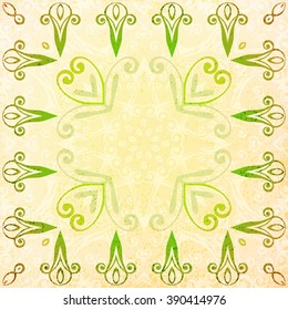 Vintage invitation or greeting card. Round ornament with swirls and floral motifs in Victorian style. You can place your text in the empty frame. EPS-10