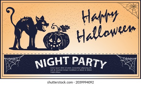 Vintage invitation for Halloween, Angry Cat and Pumpkin