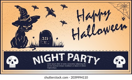 Vintage invitation for the Halloween holiday, a cat in a witchs hat in the cemetery