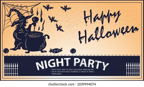 Vintage invitation for the Halloween holiday, A witch cooks a potion in a cauldron