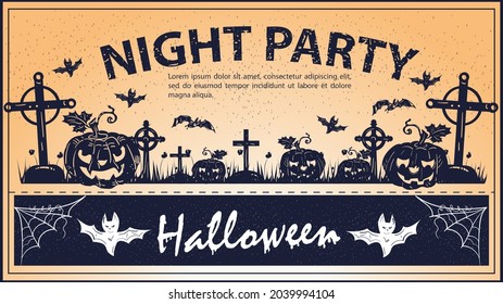 Vintage invitation for Halloween, pumpkins among crosses