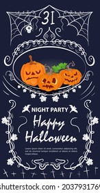 Vintage invitation label, for Halloween, three pumpkins in a frame
