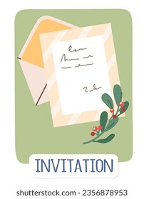 Vintage invitation letter card with envelope and flower. Postcard mail with message text sticker. Postal communication, holiday correspondence, wedding invitation concept flat vector illustration