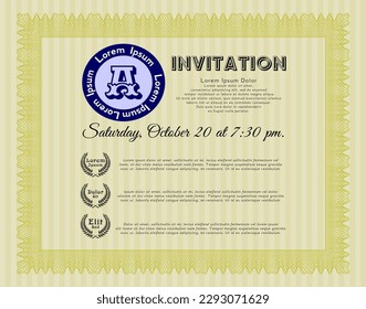 Vintage invitation. Modern design. With complex linear background. Vector illustration.  Yellow color.