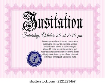 Vintage invitation. Money design. With complex linear background. Detailed.  Pink color.