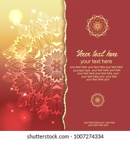 Vintage invitation on background with mandala lace ornament. Template frame design for card. May be used for design of packaging, invitations, postcard.