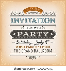 Vintage Invitation To A Party Card/
Illustration of a vintage old textured background with invitation message to a party, with floral patterns and hand-drawned corners