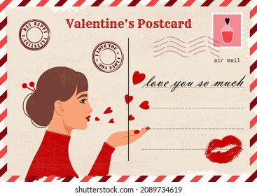 Vintage Valentine’s Invitation postcard, mail, letter with woman sends air kiss illustration. Vector