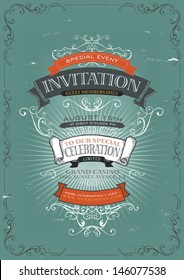 Vintage Invitation Poster Background/ Illustration of a vintage invitation poster background for holidays and events, with banners, floral patterns, ribbons, text, design elements and grunge texture