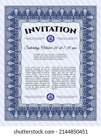 Vintage invitation. Retro design. With great quality guilloche pattern. Vector illustration.  Blue color.