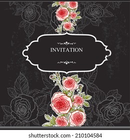 Vintage invitation with roses on black background.