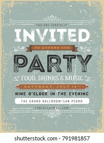 Vintage Invitation Sign/
Illustration of a vintage background with invitation message to a party, with floral patterns, grunge texture and hand-drawned corners