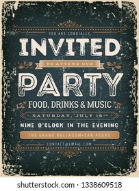 Vintage Invitation Sign On Chalkboard/ Illustration of a vintage chalkboard background with invitation message to a party, with floral patterns, grunge texture and hand-drawned corners
